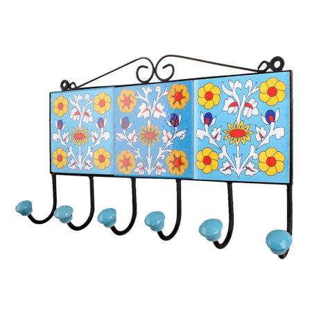 Turquoise Yellow Floral Tiles Hooks